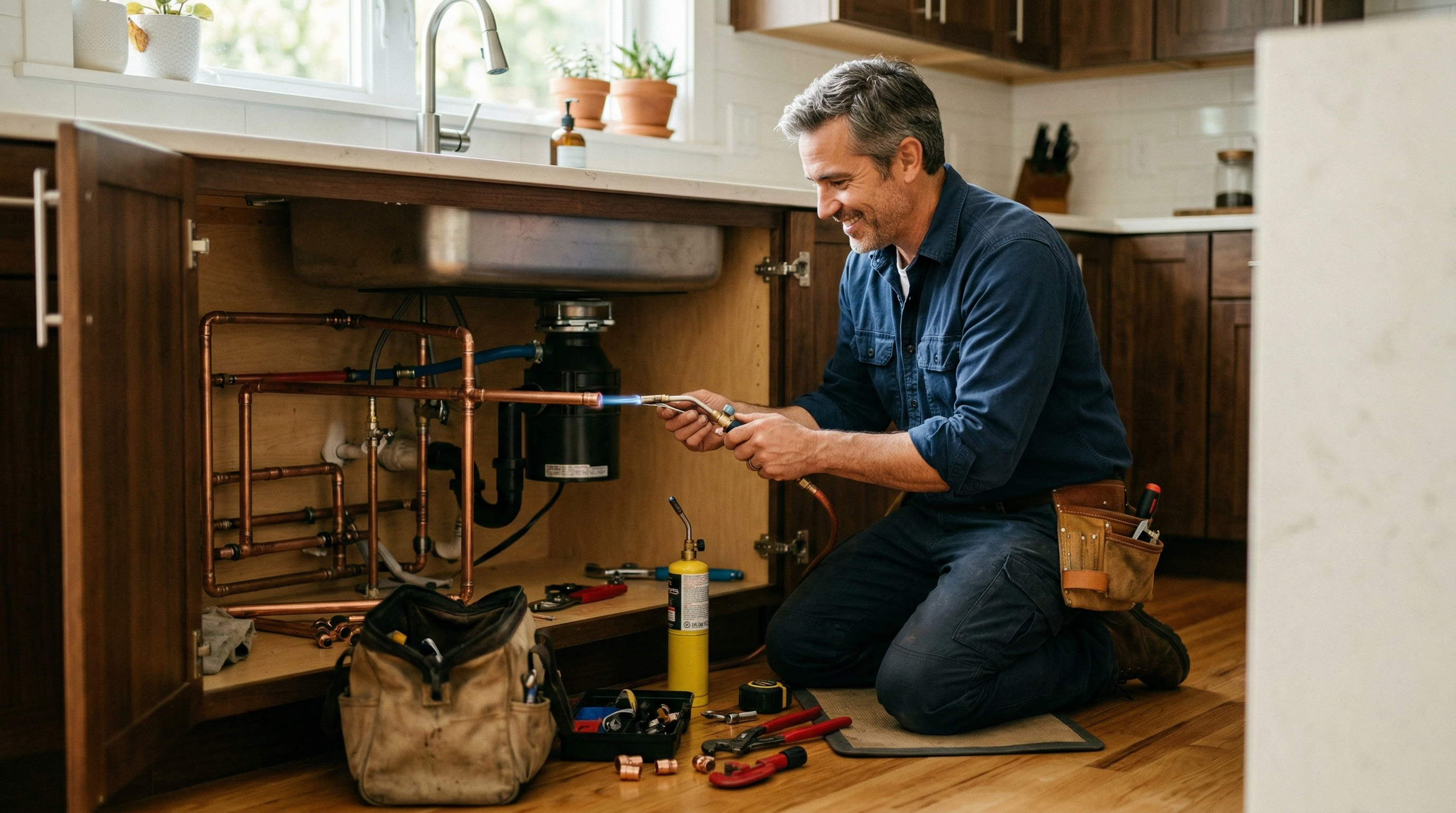 Professional plumber working on copper pipes under a kitchen sink