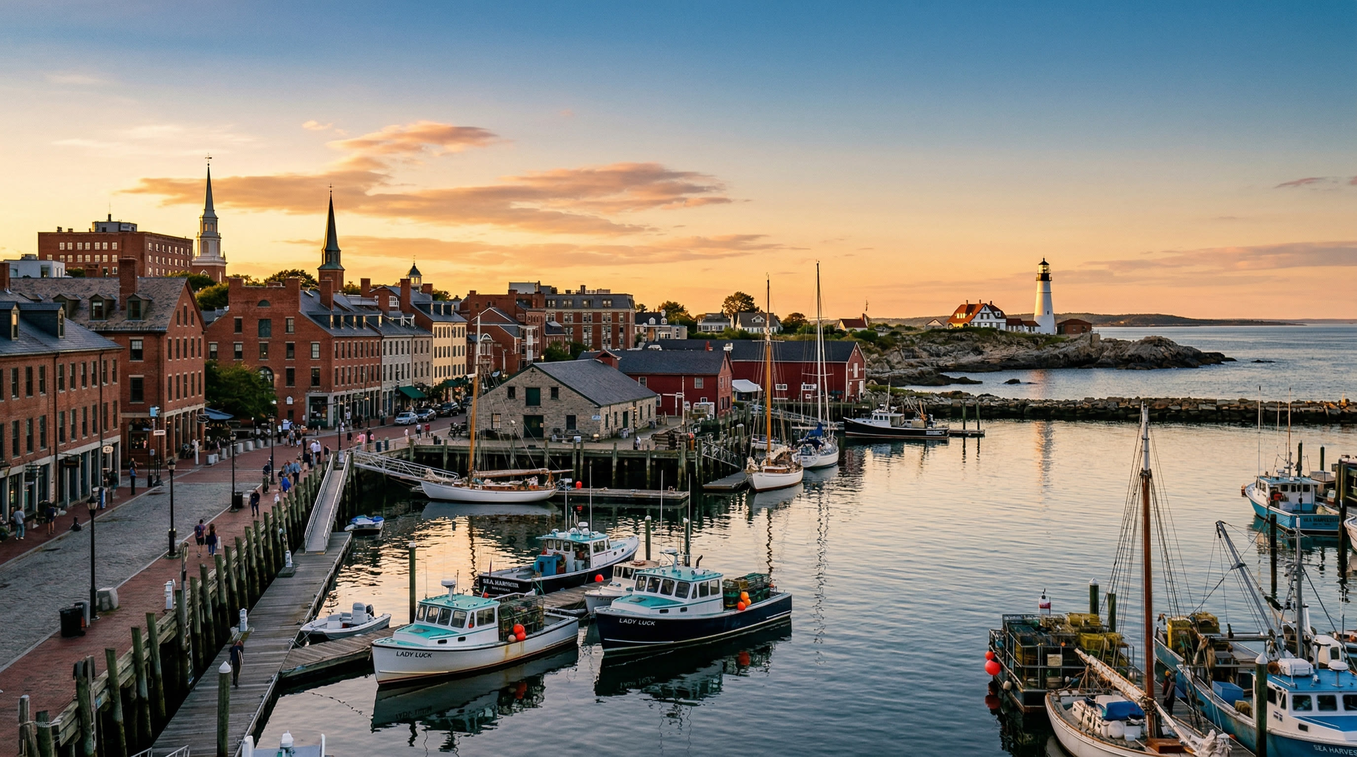 Portland Maine waterfront at golden hour showing the Old Port, harbor boats, and Portland Head Light