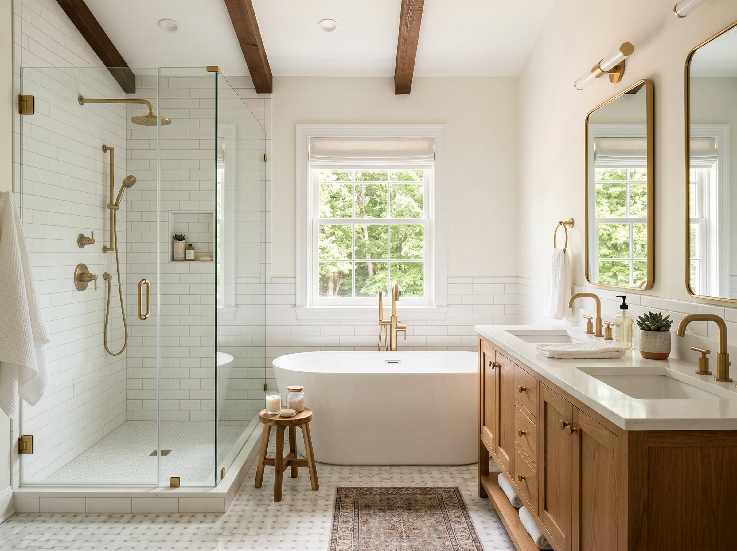 Beautifully remodeled bathroom featuring white subway tile, gold fixtures, and a freestanding bathtub — an example of Jophil's craftsmanship